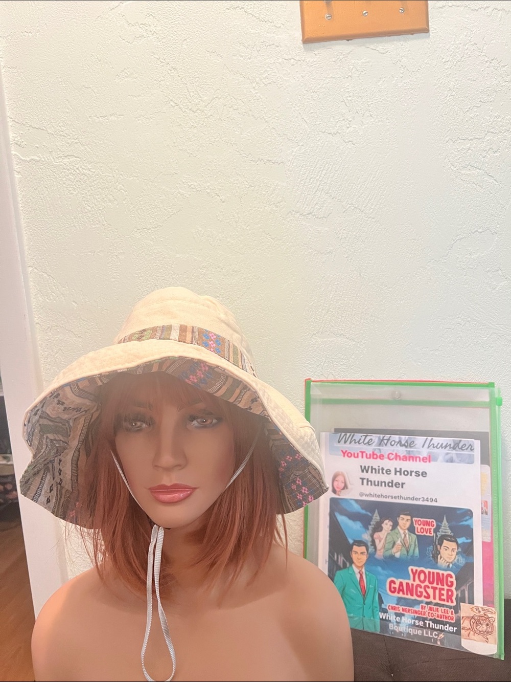 #2349*”6x17” Beige Neutral & Pattern Reversible Sun Hat with Chin Strap - Picture 3 of 17